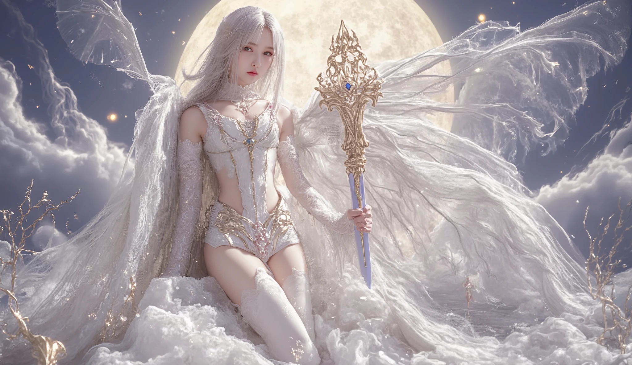 (( Highest Quality)), (( masterpiece)), ( details), succubus, Heavenly Beauty , 雲の中で暮らす , ( fantasy illustration of living in the clouds :1.3), charming gaze , bodysuit, パンティstockings, stockings, bodysuit, charming posture , Beautiful Wings, Another World's Charm , Mystical Sky, big moon with samurai sword , Moonlight Night , gentle color , ( details cloudscape:1.3), ( high resolution :1.2), from below, (score_explicit), (score_9, score_8_up, score_7_up, score_6_up, score_5_up, score_4_up, high resolution , 4K)