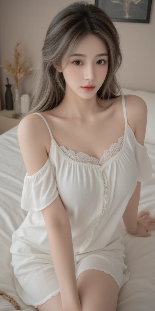 Dark brown hair、Light brown eyes、Japanese actress、 Lady、I am about 40 years old.......、(Intricate details:1.2)、(Which is the top???????:1.4)、 (Ultra-high resolution:1.2)、Ultra-high resolution、(fine adjustment)、(Detailed facial features)、Hmph、8k resolution、D cup size breasts、Long Hair、1 girl, Deep sorrowの表情, (Very detailed美しい顔), (camisole:1.5), (Expose your shoulders:1.3), (Highest quality:1.4), (Very detailed)、Beautiful fair skin with transparency, Are sleeping、Sleeping on the floor、Horizontal image above、 Spread your legs wide, Open your mouth a little、Her legs are visible through the dress、Deep sorrow、Pose of Weakness、Obscene pose、White floor、White wall、The morning sun shines in、Sleeping on your side。On the bed、Please cover yourself with a blanket、