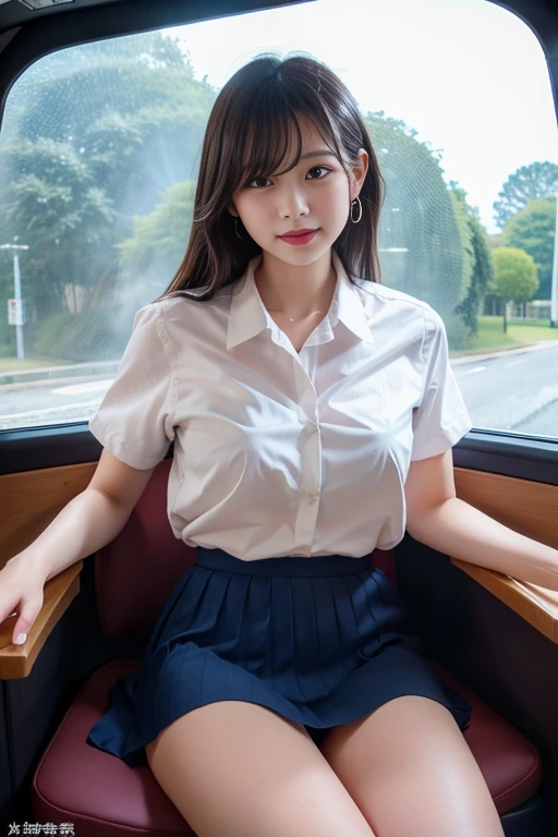 (masterpiece, Highest quality:1.2), 8K, 15 years, 85mm, Official Art, RAW Photos, absurdes, White dress shirt, Pretty face, close, Upper Body, violet, Gardenia, beautiful girl, , (Navy Pleated Skirt:1.1), Squeeze the waist, Thighs, Short sleeve, in the train, sit on bench seat, View your audience, No makeup, (smile:0.4), Film Grain, chromatic aberration, Sharp focus, Face Light, Bright lighting, Teen, Detailed face, Bokeh Background, (Dark red tie:1.1) Upper body naked Showing nipples