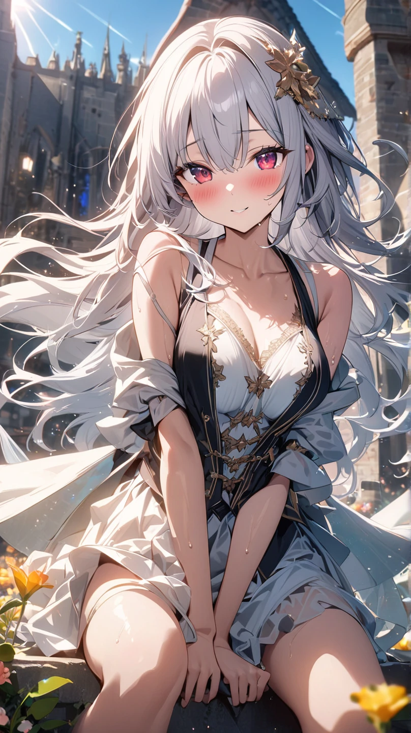 Highly detailed face,fine grain,Sparkling eyes,Highlighted eyes,Medium chest,pretty girl, bewitching smile,Longing eyes,Cat ear, Beautiful silver hair,Pink inside,Beautiful pink eyes,Oversized shirt,skirt