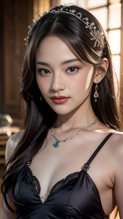 ((masterpiece:1.4)、(Highest quality:1.4)、(Realistic:1.7))、Masterpiece:1.4、Pretty Girl 0.3、(1 Girl:1.4)、pretty girl、(Portrait Photography:1.4)、(Close-up photo:1.7)、(An outfit that emphasizes beautiful breasts:1.4)、Sharp focus:1.5、Detailed eyes、double eyelid、{Long Hair}、Beautiful woman with perfect figure:1.4、Perfect proportions:1.4、(Anatomically correct body shape:1.4)、well-proportioned and beautiful udder:1.2、Upper body photo shoot:1.2、Beautiful expression、Resistance、Dark Background、ponytail、Nikon SLR D6、Natural light、Lighting technology that creates beautiful expressions、Ideal lighting、RAW Photos、Red lips、Beautiful face with long face、choker:1.4、necklace:1.4、Earrings:1.4、1 Screen Display