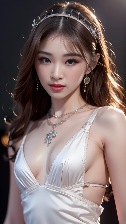 realistic, High resolution, soft light,1 female, alone,(Rear view)、 hip up, (detailed face), jewelry, streetwear, beauty model, Eyes that invite the viewer, Spouse'perspective, attractive appearance, sexy smile, perfect style, perfect balance, fine skin, naughty look, I can see your breasts