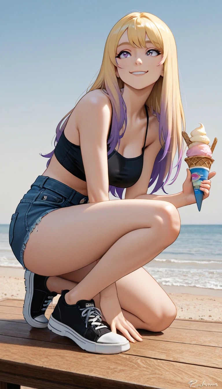(eating icecream:1.5), (beach:1.2), (((kda all out akali))), akali, k/da \(league of legends\), cowboy shot, high detailed, 8k, highres, 1girl, multicolored hair, two-tone hair, high ponytail, blue eyes, black hair, blonde hair, short hair, lips, eyeshadow, makeup, cleavage cutout, clothing cutout, cropped jacket, open clothes, open jacket, two-tone jacket, shiny clothes, multicolored clothes, earrings, white jacket, multicolored jacket, blue sports bra, zipper, midriff, stomach, buckle, fingerless gloves, black gloves, gloves, jacket, jewelry, medium breasts, breasts, black pants, belt, looking at viewer, navel