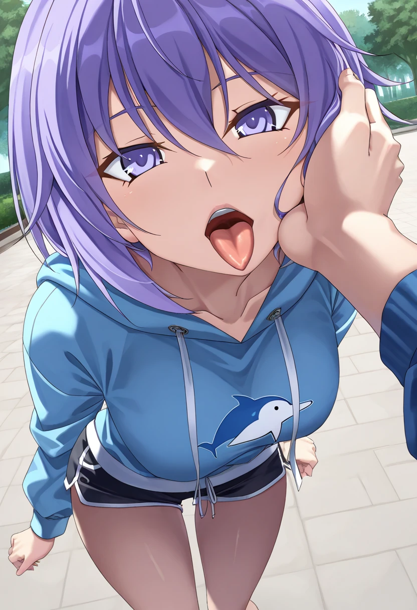 A girl form HSR Rappa with a blue gradient, blue sweatshirt with puppy print, sticking out the tongue, short dolphin shorts black, park background, face focus