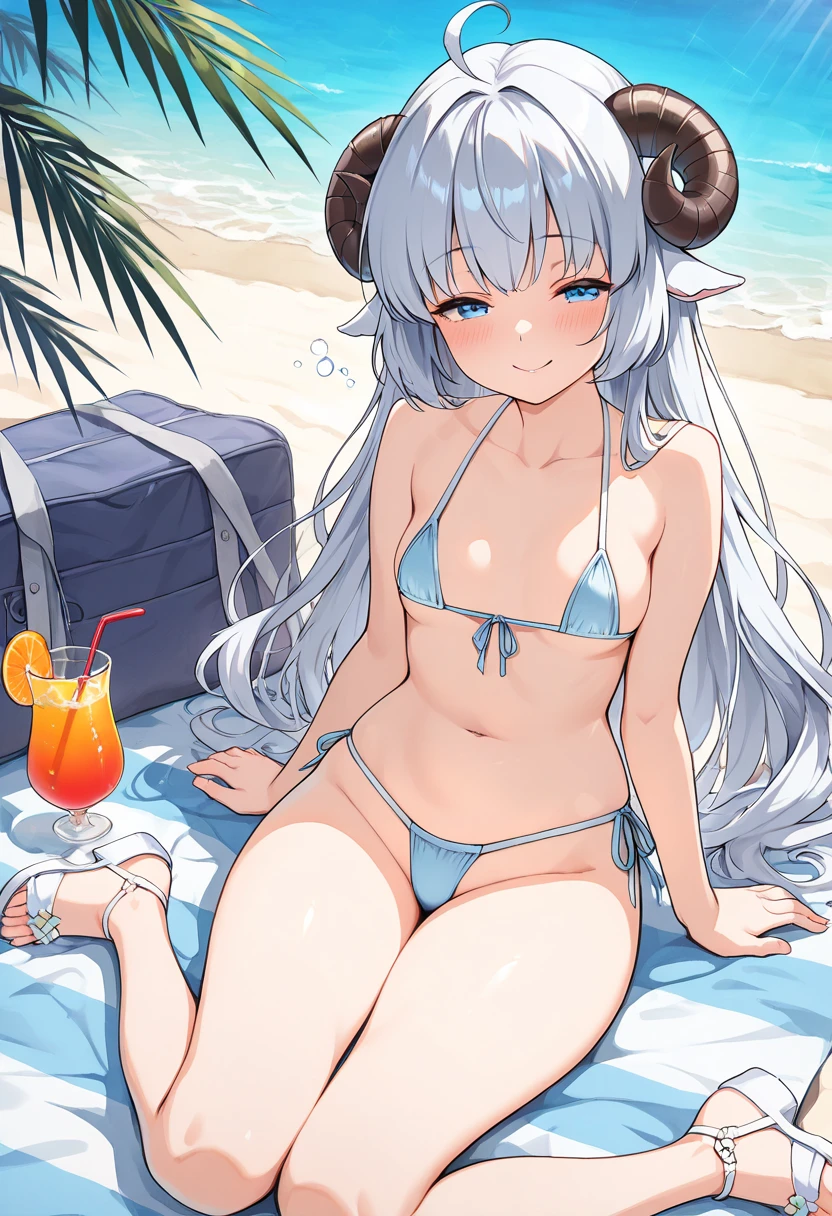 BREAK Perfect Anatomy、(High resolution:1.2)、Incredible illustrations、(Cute illustrations:1.2)、 (Beautiful background(Poolside))
1girl((multicolored hair,crossed bangs,sideburns,french braid)(heterochromia,pupils sparkling)(eyeliner,faint lips)(tongue out),sheep's horn,tan:1.8)
1girl((a girl, 1.5meters, 35kg,18 years old female,
((bikini, sun visor, sandals, pareo),
(Drinking soft serve ice cream float melon soda on a deck chair)