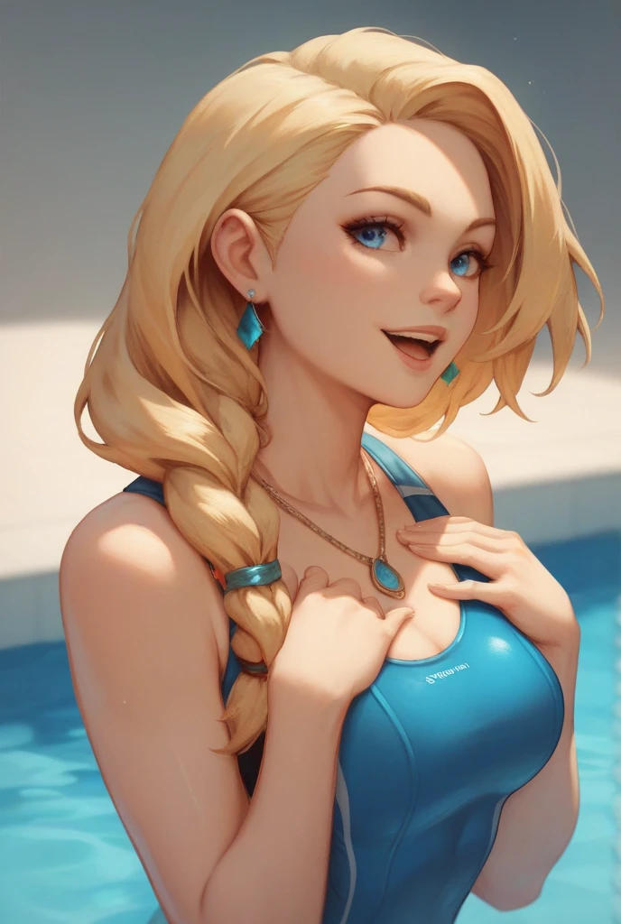 Blonde hair, blue eyes, 1girl, medium breasts, jewelry, long hair, necklace, solo, hair ornament, cleavage, sidelocks, bare shoulders, cloudy night, earrings, revealing clothes, cropped halter top & short skirt, hair clip, looking at viewer, (action shot, kneeling/crawling: 1.25) (narrow hips & waist), simple background, bracelet, mischievous face, shy smile, (at a forest pool:1.2)