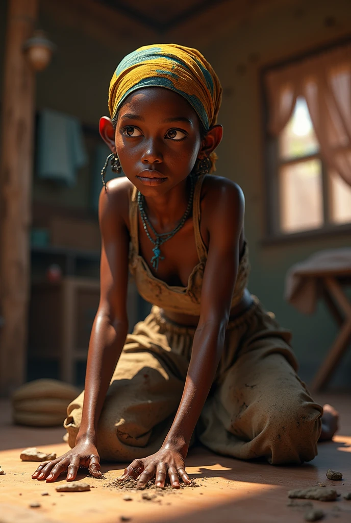 Beautiful African girl repairing a small robot