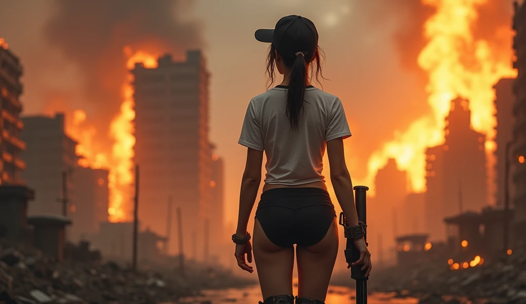 Create a Japanese woman in lingerie escaping a building fire 