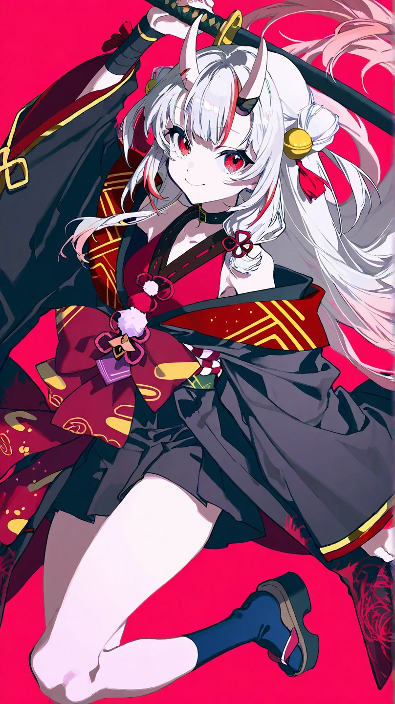 A girl with long white hair wears red clothes and black mesh stockings,Kneel in the garden with a fan。