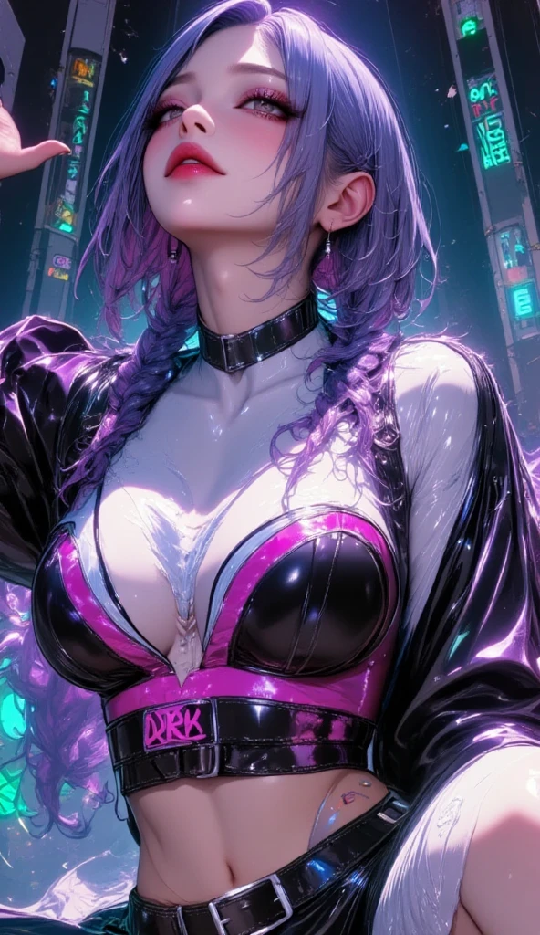 最high quality、best image quality、masterpiece、girl((20-year-old、 By becoming、vest bust、medium bust,wide open breast tea、shining eyes, silver hair、long hair、thin,highest valley、black sports bra、black sports pants、shoulder tattoo,diamond earrings、Wristband、black jacket、necklace、cool pose)),high quality、beautiful art、background((Virtual space、neon lighting、neon light、Live feeling))、Flight、debris flies、Depth of written boundary、movie、visual art、perfect art、8K,genuine、Dynamic Performance