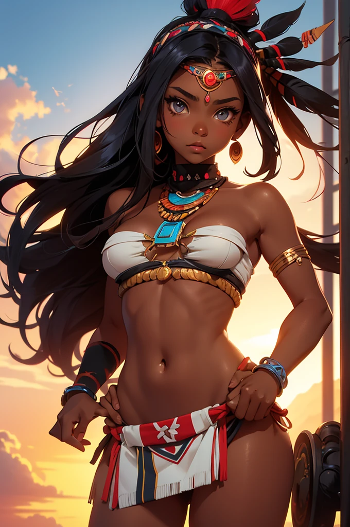 (((Simon Bisley))), (((Frank Frazetta))), ((((absurdists))), (((best quality))), (((masterpiece))), voluptuous 35-year-old muscular Aztec woman, feather headdress on her head, pre-Columbian warrior, war paintings by the body, perfect and proportional body, dark-skinned indigenous warrior wearing very few clothes and many necklaces and adornments by the body, long straight hair, clothing made of patches, tiny thong all torn,  Holding a saddlebag and walking among Aztec pyramids, mountain ranges in the background, lots of heat, she is sweaty and her black skin glows under the scorching sun, coarse armor on her left arm