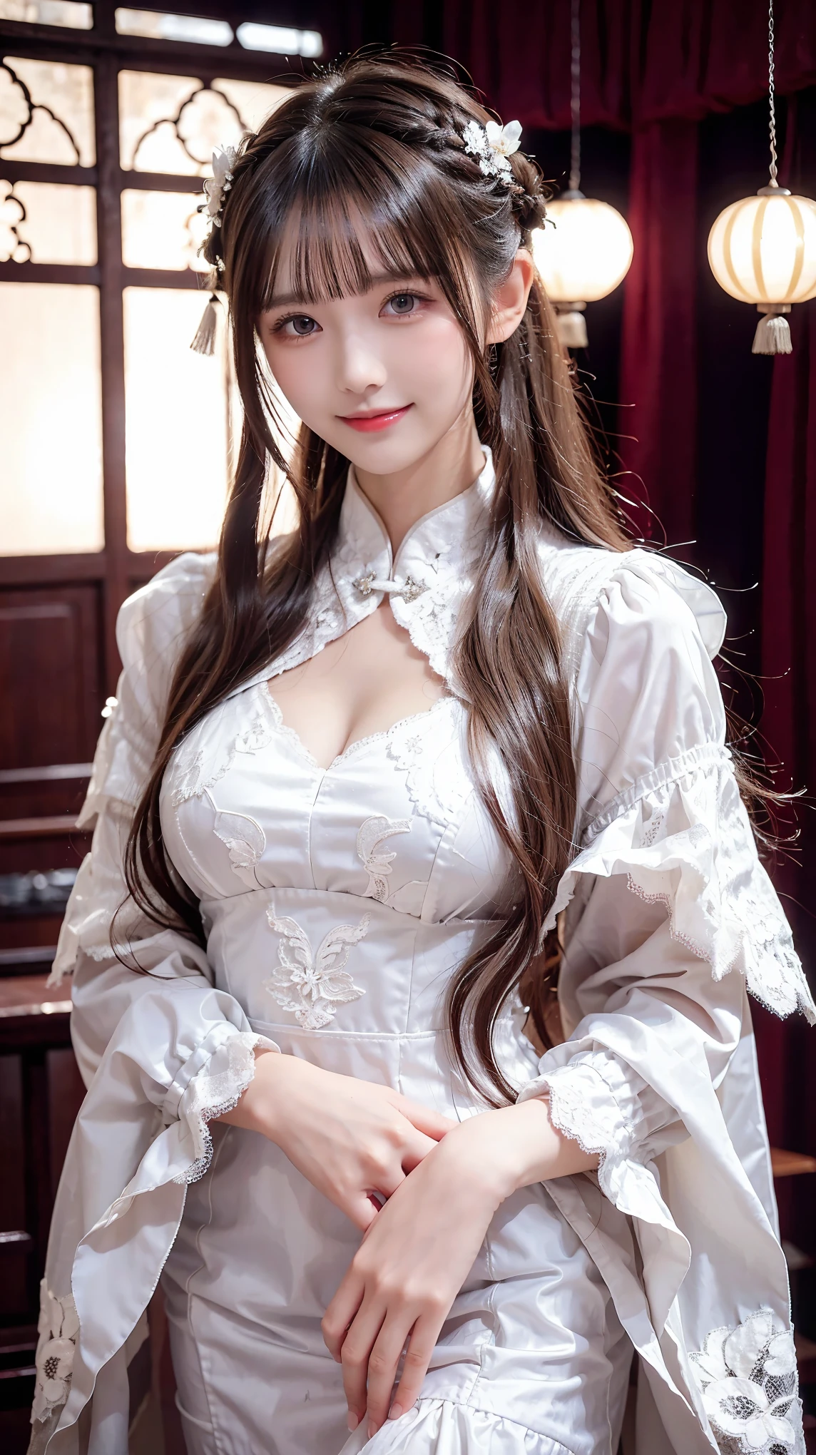 masterpiece, 1 beautiful girl, Delicate eyes, Purebred face_v1, Top quality, Ultra high resolution, (Reality: 1.4), Japanese, Korean, very beautiful, Beautiful skin, slim,Very sexy, (超Reality), (high resolution), (8K), (Very detailed), Delicate face, Bright Lights, Professional lighting, Looking at the audience, Face straight ahead, White bare back see-through antique style dress,big nipples, reddish brown hair, long hair, long hair與辮子, Bangs,Double bun,hair accessories。