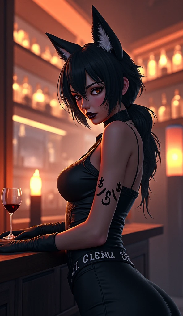 masterpiece,best quality,1girl,mature female,faye valentine,formal,tuxedo,necktie,black pants,light frown,blush,drunk,half-closed eyes,sitting against counter,bar,science fiction,cowboy shot,
