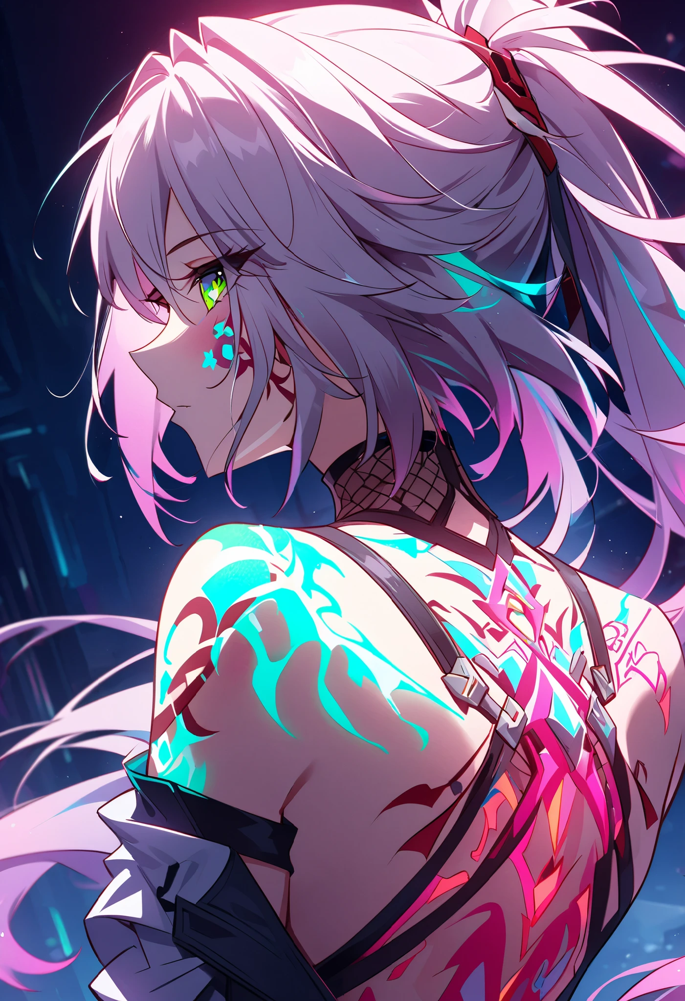 Rappa Drom Honkai Star RailCyberpunk、Artistic anime illustration of a girl adorned with thick, glowing neon dragon tattoos on her body and face。The tattoo on his back 、Neon glow、The scene has a dreamy, soft-focus effect that accentuates the brilliance of the tattoo.