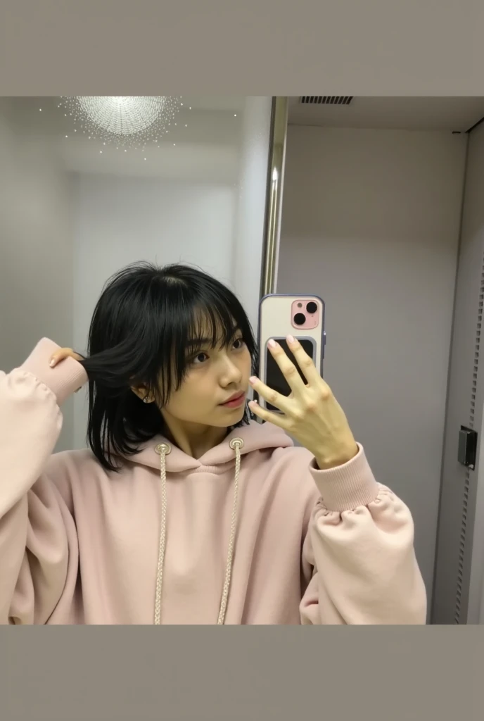 ((masterpiece), (best quality), ultra high res, (raw photo:1.2), (photorealistic:1.4), Exceptional detail, dramatic lighting, highres,   8k, absurdres, fittingroom, selfie,
Yurisa, 1girl, bangs, black_hair, closed_mouth, night sky, elegant restaurant, earrings, jewelry, long_hair, looking_at_viewer,  shirt, smile, solo,  full body, grey hoodie,
<lora:Yurisa_16-000006:0.6> ,  <lora:fittingroomselfie:0.75>
