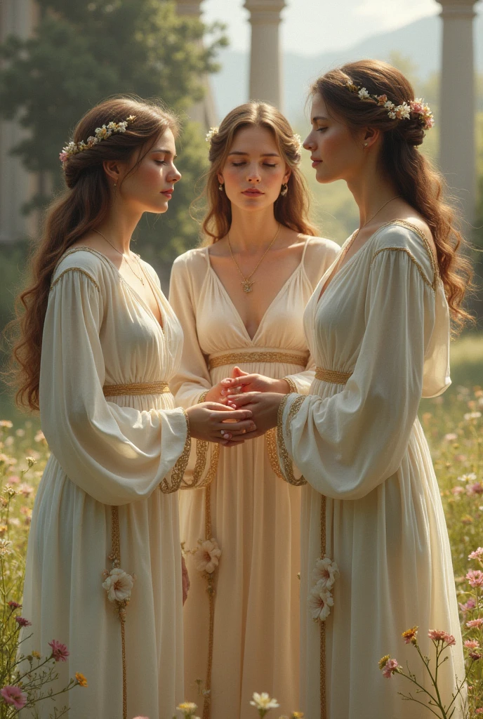 3 adult women huging, in a roman garden, columns, , the three graces, les 3 graces, roman antic wide ?????????? revealing ???????, voile transparents,