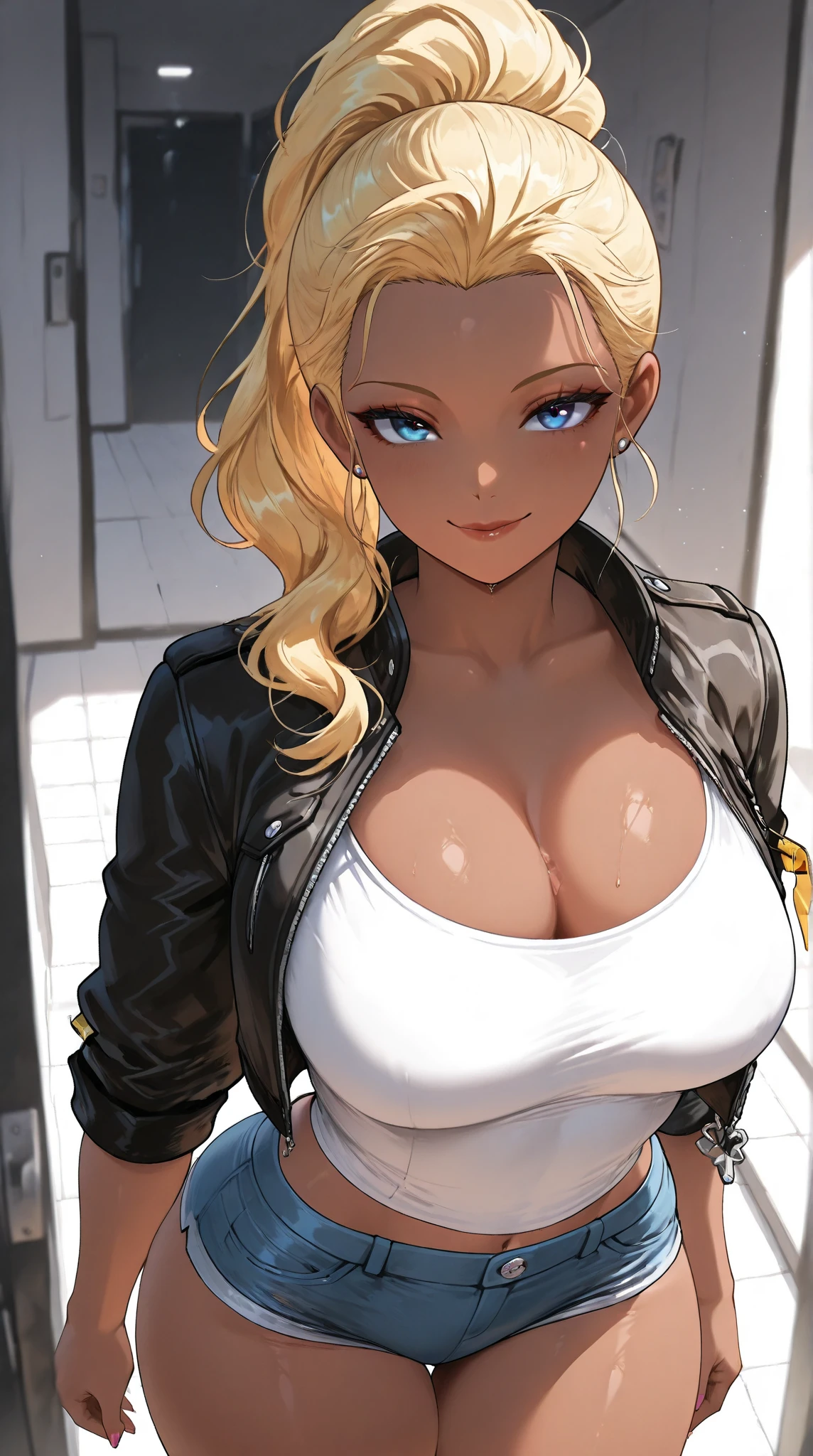 (masterpiece, best quality:1.2), tsubakid4dj, evil grin, looking at viewer, shirt, long sleeves, jewelry, very long hair, closed mouth, collarbone, jacket, white shirt, upper body, open clothes, choker, shiny, necklace, shiny hair, open jacket, black jacket, swept bangs, ring,  leather, leather jacket, cleavage, (hyper breast, gigantic breast, huge breast), chubby, plump, navel, belly, (miniskirt), crop top, underboob,  (blonde hair:1.2), (dark skin:1.2), (dark-skinned female:1.2)