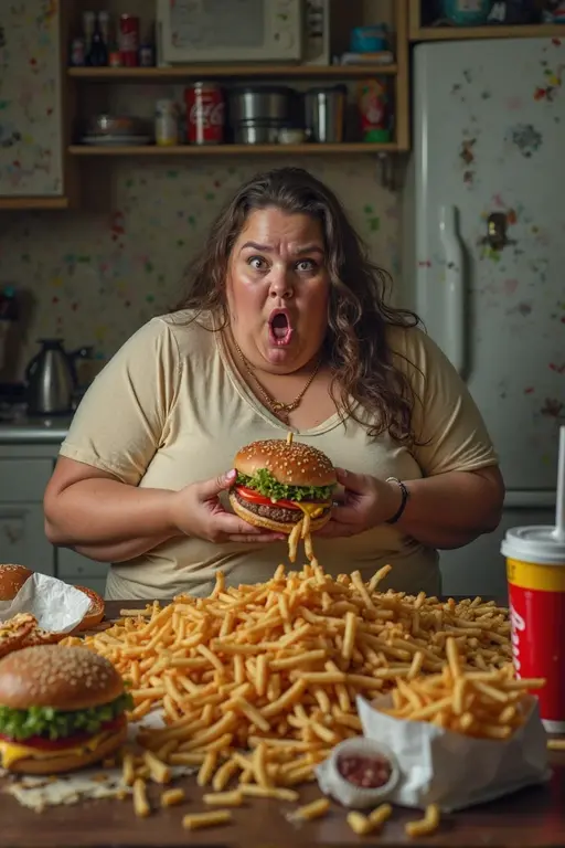 very fat woman, extremely fat, obese, Eating hamburger