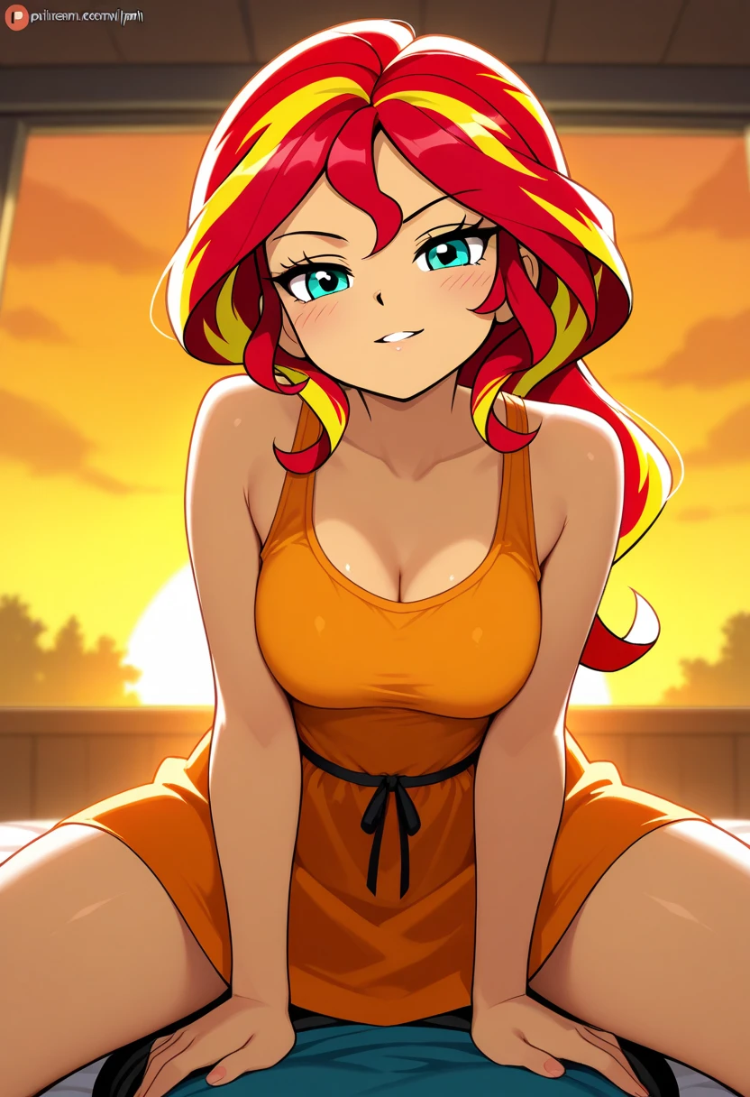 STICKER, (solid outline:1.3), (NSFW:1.2), A detailed illustration of a vivid Sunset Shimmer kneeling down, topless, full-Length, Sunsethuman, Sunset Shimmer breasts exposed, Sunset Shimmer from my little pony, Sunset Shimmer in the form of a girl, big breasts, lush breasts, voluminous breasts, detailed hands, two tones of hair, red and yellow hair, solo, one character, medium body, turquoise eyes, gentle smile, simple sunset, very beautiful fantasy art, beautiful and elegant female pony girl, red and yellow colour palate, red and yellow colour-theme, vintage t-shirt design, in the style of hand drawing, 3D vector art, fantasy art, watercolour effect, Adobe Illustrator, hand-drawn, digital painting, low-poly, soft lighting, isometric style, retro aesthetic, focused on the character, 4K resolution