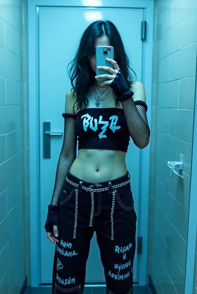there is a woman standing in front of a door with a hat on, wearing cyberpunk streetwear, wearing japanese techwear, she looks like a mix of grimes, looks like a mix of grimes, photograph of a techwear woman, she is wearing streetwear, cyberpunk streetwear, cyberpunk style outfit, resembling a mix of grimes, 1 7 - year - old goth girl