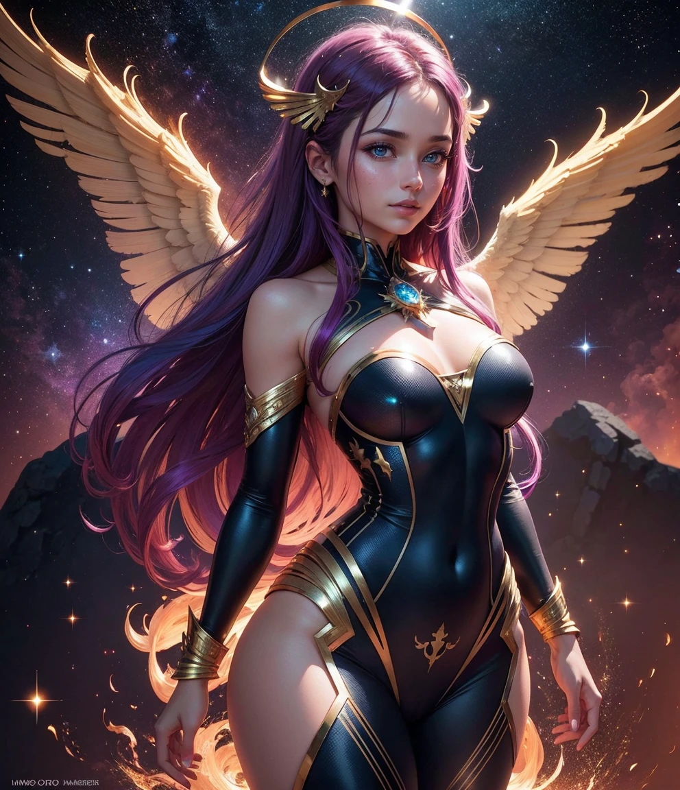 Twilight Sparkle, Twilight Sparkle from My Little Pony, Twilight Sparkle in the form of a girl, long hair, lush hair, Steampunk, body from steampunk mechanisms, golden gears, not human, gear leather, purple boots, full-length, purple wings, big angel wings purple, steampunk style, purple magic, a lot of magic, star nets, best quality, very detailed, ultra 8k resolution