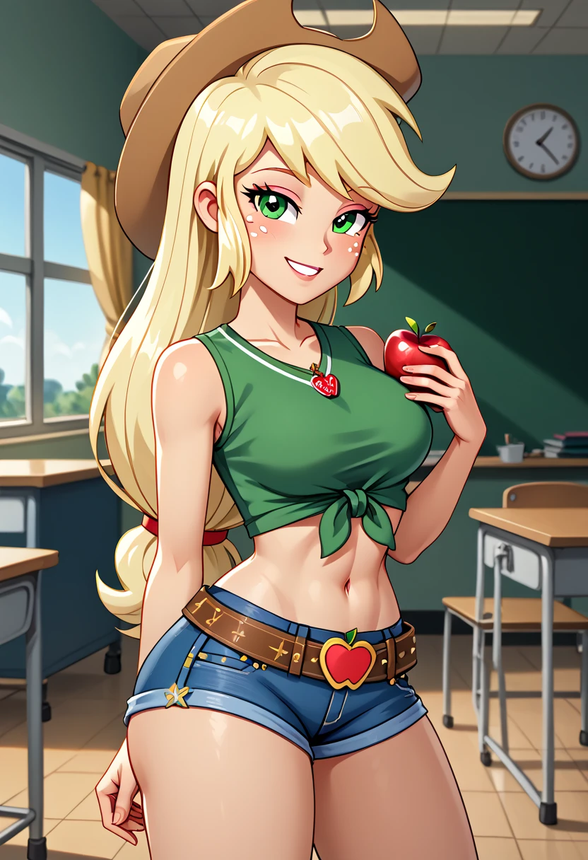Animated character applejack, smile, green eyes, pale yellow hair, pale orange skin, large breasts, classroom, Apple insignia on belt, equestria girls, cowgirl, sexy denim shorts, cowboy boots, girl, well-defined body, exposed stomach, smooth skin, sexy face, sexy pose, seductive eyes, thick thighs, beautiful face, standing, bubble butt,
