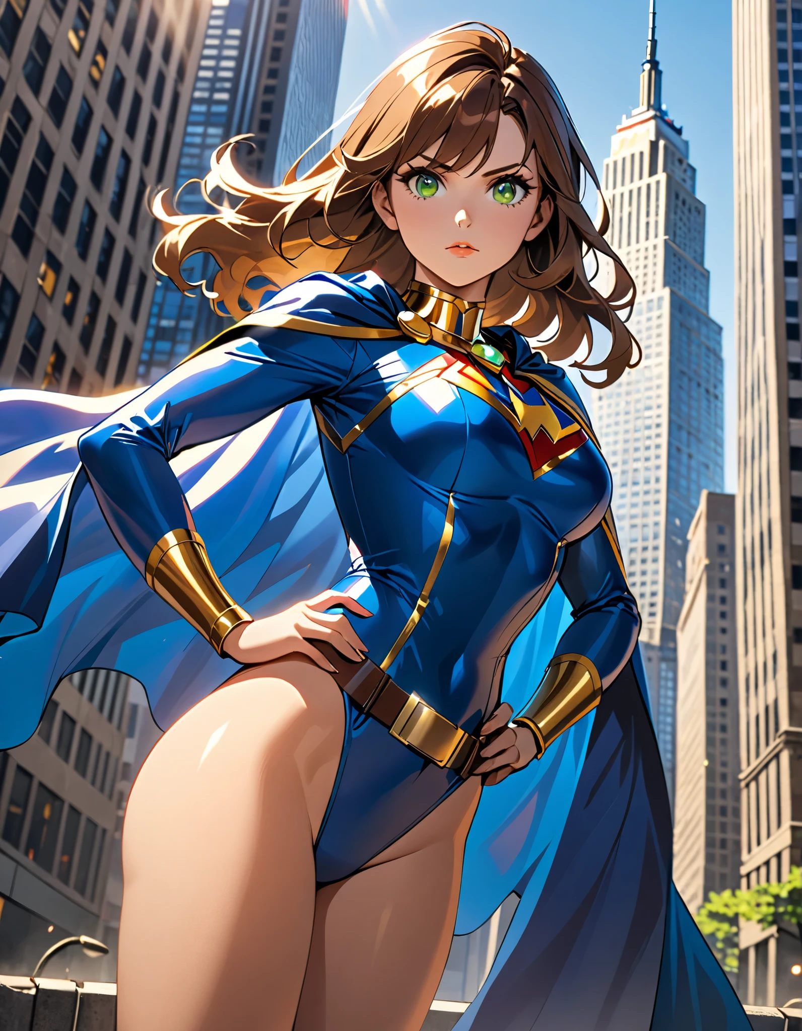1girl, medium breasts, leotard, bare legs, tight belt, boots, matching boots, gloves, city backdrop, solo, single, outstretched arms, standing, full body shot, cowboy shot, superhero, beautiful detailed eyes, mature lady, star symbol on chest, brown hair, high leg leotard, spinning like a tornado, closed eyes, transforming