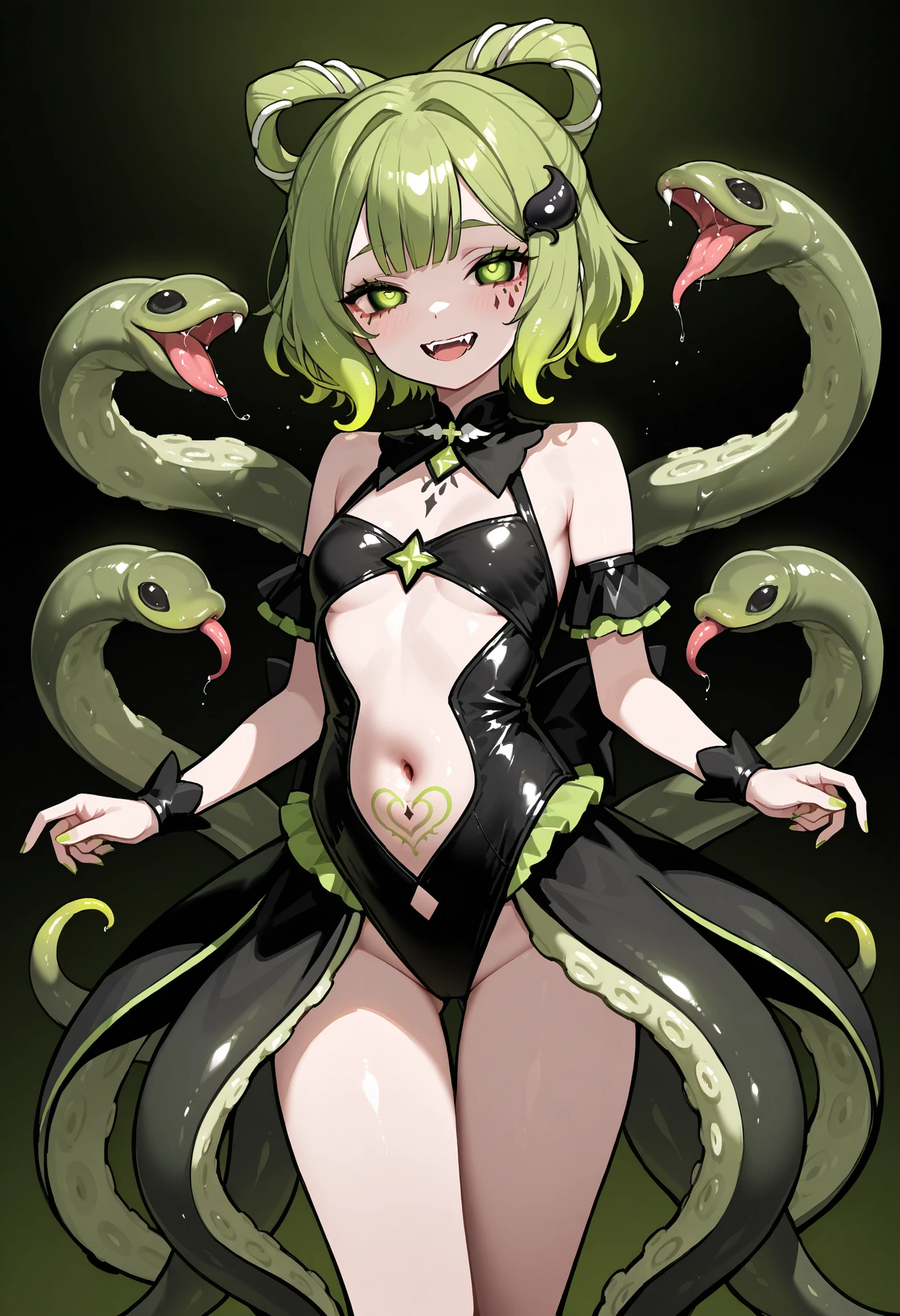 (((green skin:1.2))),(Medium hair),(pink color hair),(Black Sclera),((medium breasts)),((slender adult)),((highest quality)), ((masterpiece)), (be familiar with), Perfect Face,succubus woman,Demon woman,demon horn,demon wing,demon tail,crotch tattoo,smile,squat,1boy,penis,reverse sex,riding sex,Leg spread,squat,semen,Liquid is dripping