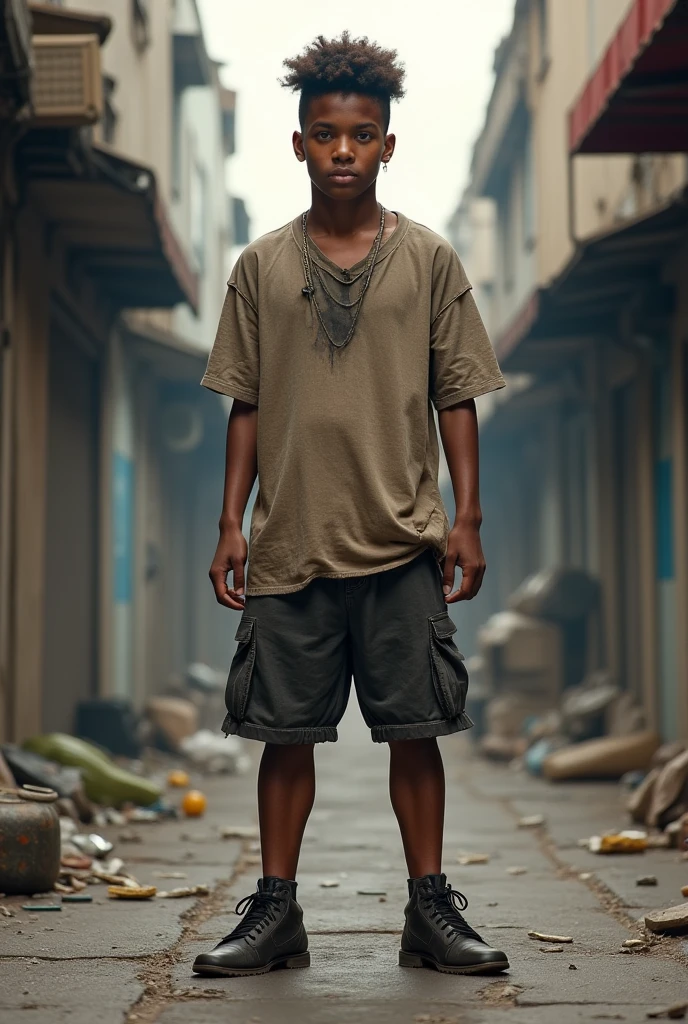 A young poor guy with middle afro hair, short in height, dressed in torn jeans and t-shirt, wearing bathing slippers, with a wooden tool box in his hand, stepping out from an old plank house in the ghetto areas