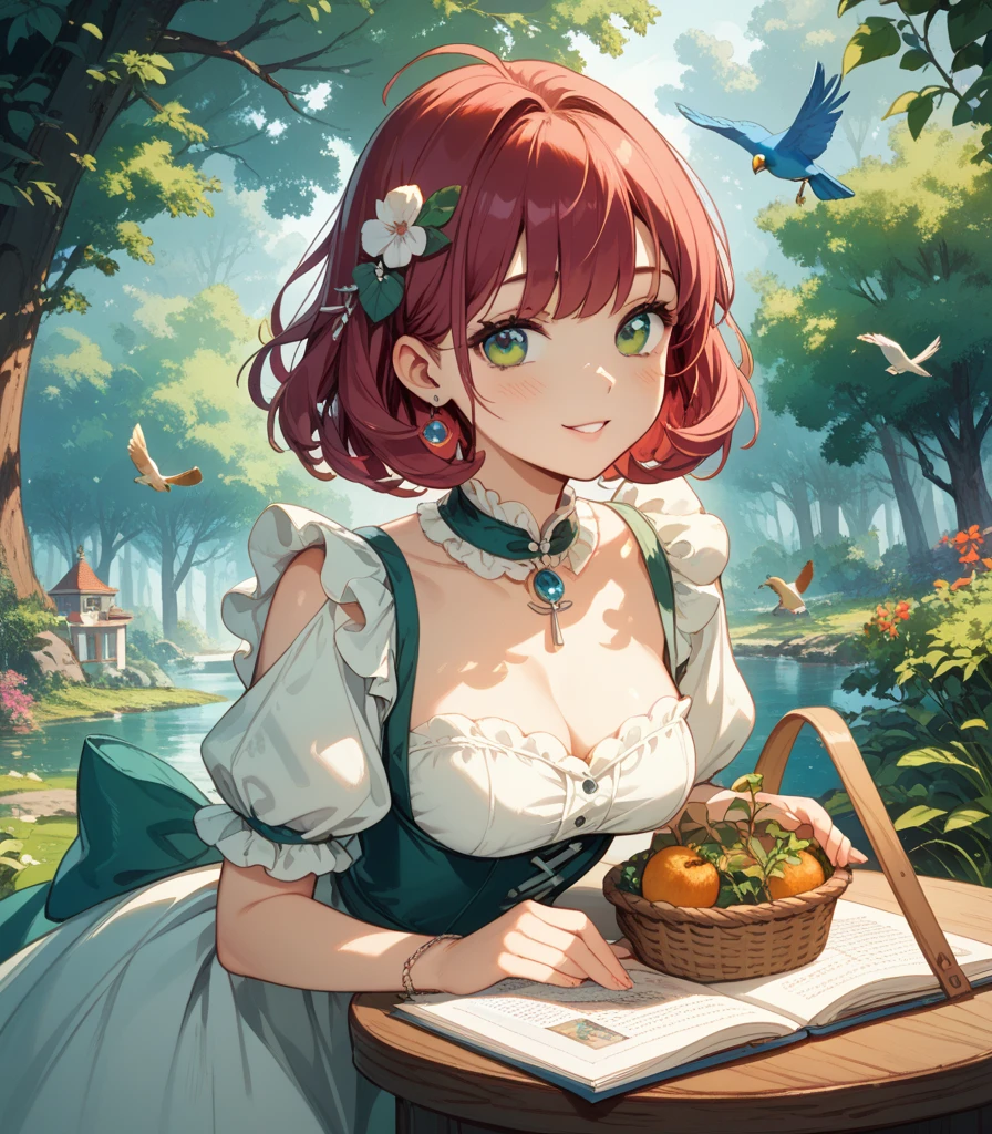 A beautiful girl wears beautiful dress that is having a picnic but at the same time she is reading and listening to a music. Her background is very beautiful 