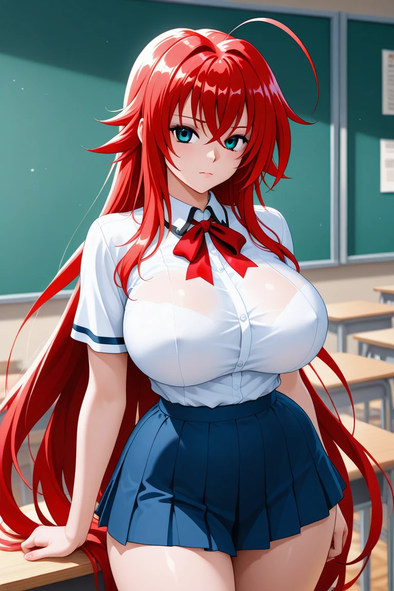 masterpiece, score_9, score_8_up, score_7_up, BREAK source_anime,best quality, extremely detailed, 1girl, milf, solo, (dark skin, black skin:1.8), (huge breasts:1.3), ((((red hair), long hair, red eyes))), blue lips, (((seifuku, pantyhose))), ((naughty smile), closed mouth), ((classroom))