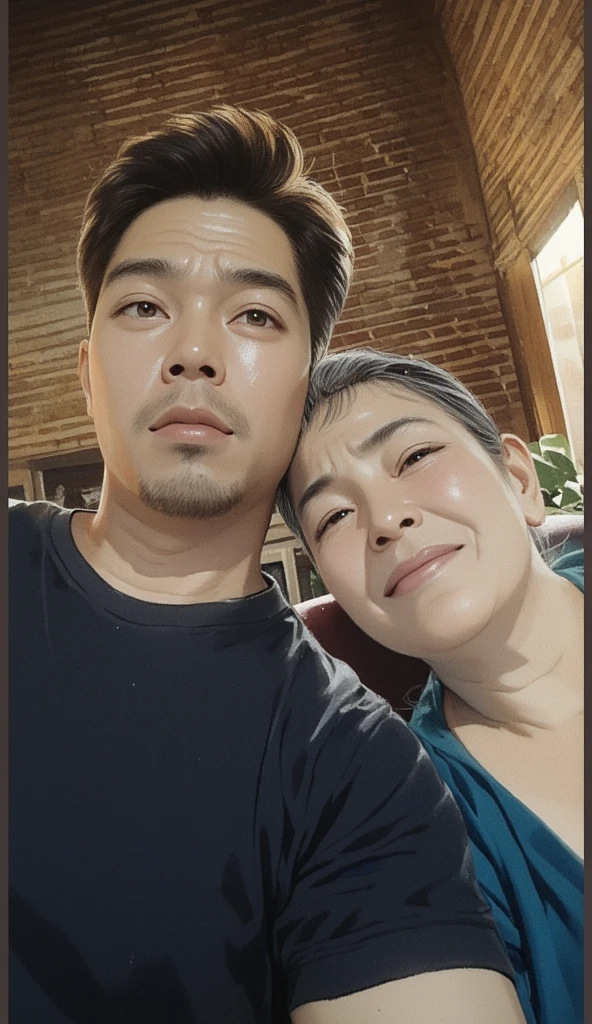 Indonesia plump woman and young man. on the room