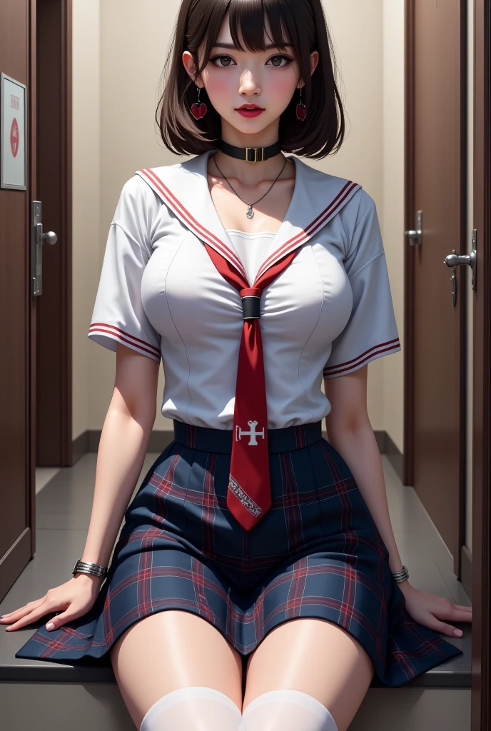 (realistic:1.3), finely detailed, quality,(masterpiece:1.2), (photorealistic:1.2), (best quality), (detailed skin:1.3), ,(loli:1.2),aknogizaka46,young,,(small breasts:1.3),flat breasts,teens girl,,,(Nalazer:1.4),( white blouse:1.2),(ribbon:1.2),(red pleated skirt:1.2),A dark-haired,delicate and body,(classroom:1.2)、frontage、full bodyesbian、white socks,highschool,desk,chair,(sitting on the floor:1.2),(seiza:1.4),,(skinny:1.2),beautiful girl,akb48,nogizaka46,(braid short ponytail:1.2),,,(arms behind back:1.7),,( restrained:1.8),(shackles:1.8),(bdsm:1.8),(metal collar:1.5),(lamentation:1.0),(★looking up at viewer:1.2),,(from above:1.4),(show off nipples:1.6), (exposing bare breasts:1.3), (exposed chest:1.3), (no bra:1.3),(open shirt:1.2)
