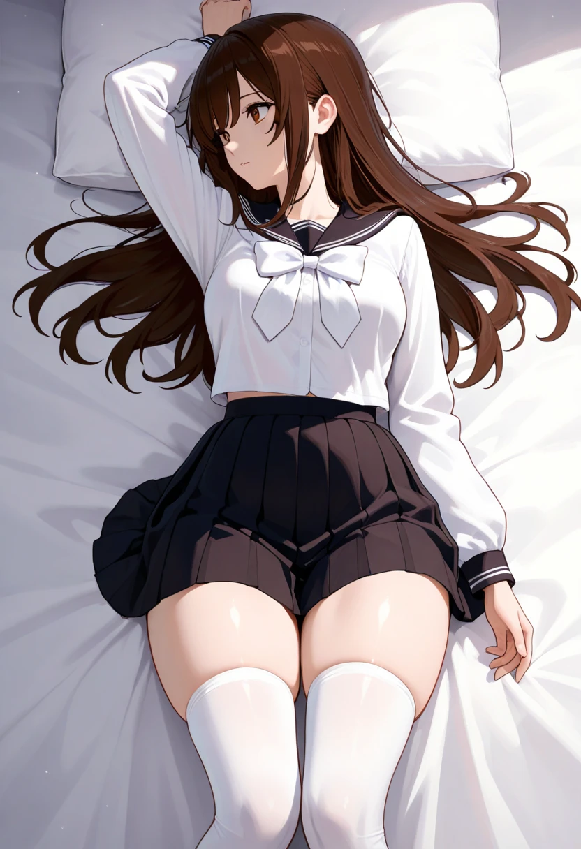 highest grade、masterpiece、HDTV、(full bodyesbian)、frontage、bilaterally symmetrical、Mature tall high school girl、独奏、(頭からつま先までのfull bodyesbian姿)、small tits、Longhaire、slightly disheveled hair 、(Black tights)、(black pantyhose)、Black pantyhose、Composition showing white panties、Slender and long beautiful legs、Composition from above the white bed、Composition of sleeping with legs stretched out、A very beautiful and tall 17 year old girl、(feet without shoes)、blushing、shy big eyes、 (bangss)、Unkempt hair、(hair clips)、Looking at the camera、Show white pants、White ruffled lingerie、High School Uniform Blazer、high school uniform white blouse、Blue ribbon on high school uniform、 High school uniform with short plaid pattern and navy pleated skirt