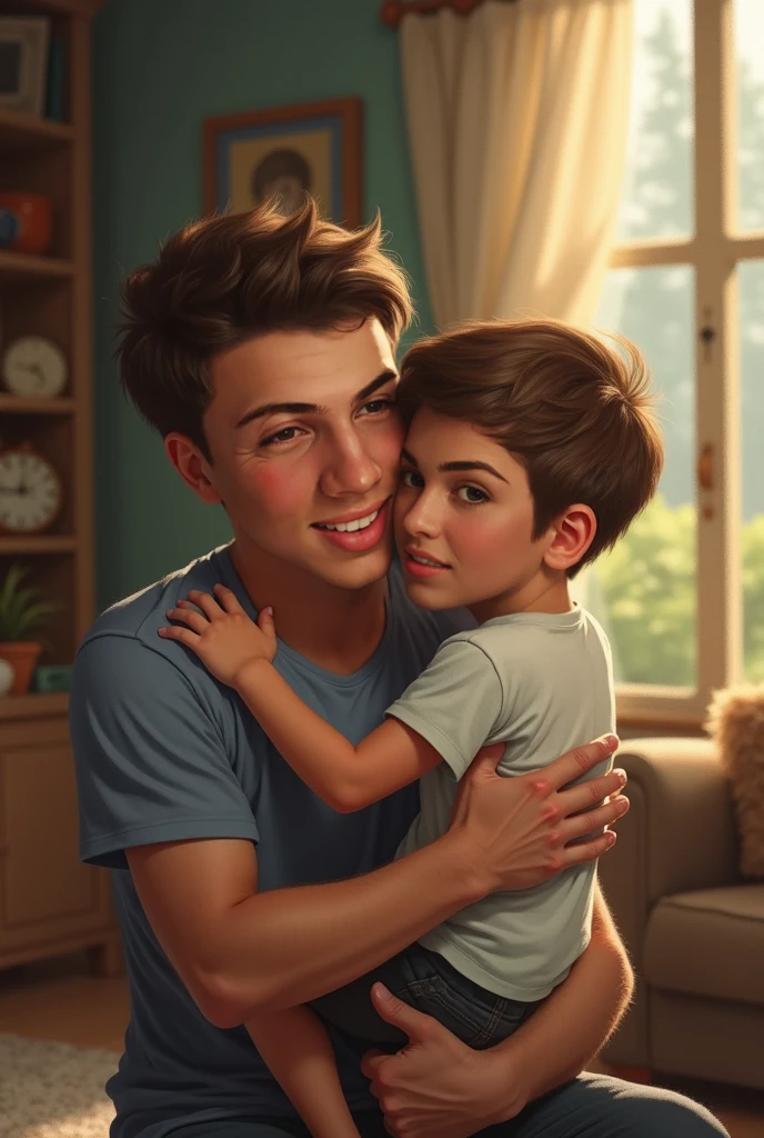 A father and son, father owes son's hand, Many balloons, happy, happy, perfect quality, clear focus (clutter - home: 0.8), (masterpiece: 1.2) (Realistic: 1.2) (Bokeh) (Best quality) (Detailed skin: 1.3) (Intricate details) (8K) (Detail Eyes) (Sharp Focus), (Happy)