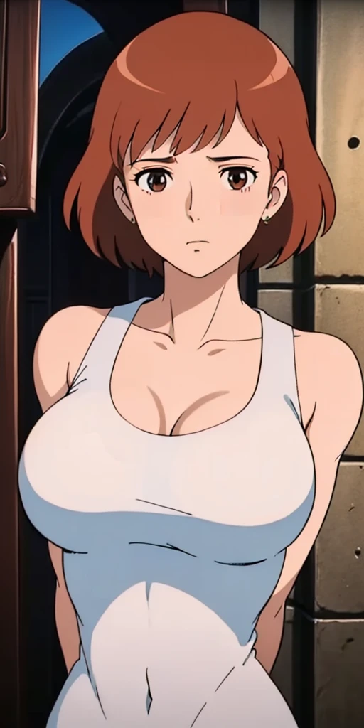 nsfw,(masterpiece, highest quality, High resolution, anime screenshot, anime color, 8K, realistic), Nausicaa, woman, mature woman, wife, alone, brown hair, (looking at the viewer), huge breasts, cleavage, (white tank top), Upper body, forest, (perfect detailed ???????, beautiful and detailed face&eye:1.5, shiny skin, perfect body)、erect nipples、I want to see up to my kneecaps