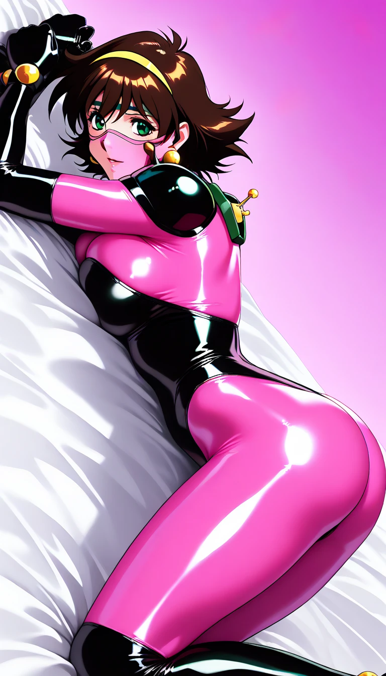 ultra-detailed, Explicit, Beautiful body, Beautiful Nose, Beautiful character design, perfect eyes, perfect face, ultra highres, 4K, beautiful legs, perfect legs, Nice hands, Perfect hand, Masterpiece, Best Quality, Highly detailed, illustration, absurdres, perfect anatomy, (((pink delmo uniform, jacket, Pink latex jacket))), (((pink latex pencil skirt, tight pink miniskirt))), (white stripes), extremely glossy latex, puffy sleeves, juliet sleeves, yellow bow, absurdres, highres, solo, cowboy shot, 1girl, perfect hands, wind, hat, (highres,best_quality,masterpiece), hair ornament, kotomi takanashi, black hair, black eyes, short hair,