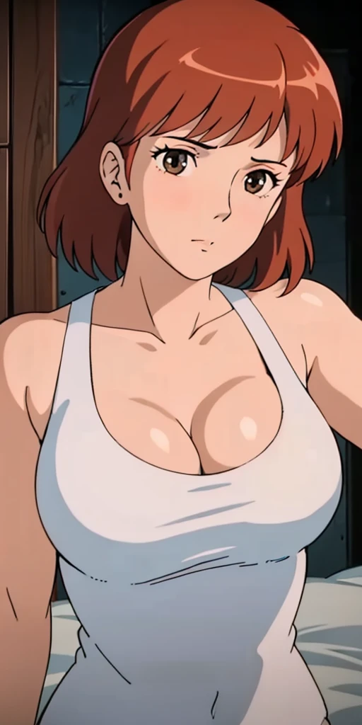 (masterpiece, best quality, high resolution, anime screencap, anime colored, 8k, photorealistic), Nausicaa, solo, brown hair, (looking at viewer), huge breasts, cleavage, (white bikini), upper body, forest, (perfect detailed anatomy, beautiful face&eyes, shiny skin, perfect body)