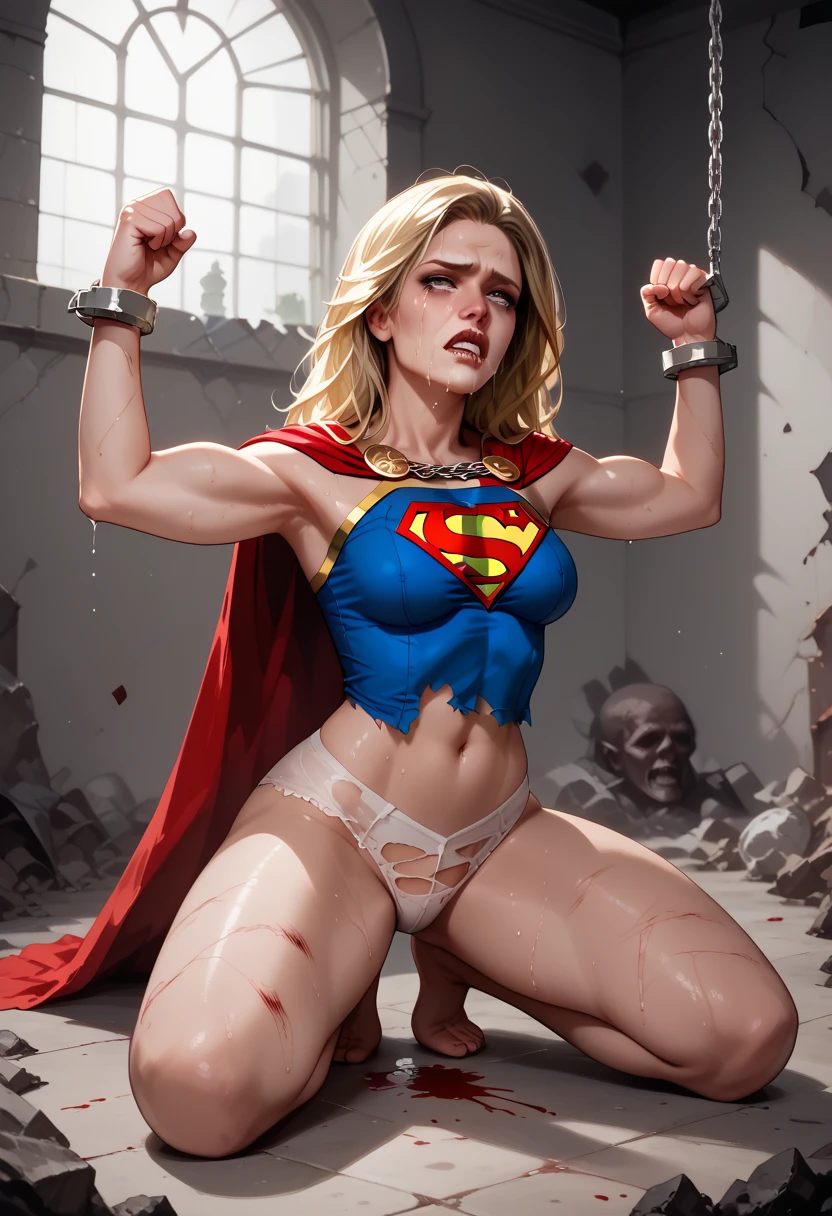 (((SIMBOLO DE SEXO, SUPERGIRL SUPERHEROINE USED AS A SEXUAL OBJECT, She is wearing STILETTO high heels))), (((She is in the kitchen, vestindo ROUPAS INTIMAS))), ((nua,sem calcinha,without bra, sem uniforme)), (SUPERGIRL is squatting, pernas abertas, preso na lama), (She is crying a lot, ela tem cabelo LOIRO, ela tem cabelo longo)), ((She wears a thick collar around her neck.)), (obra-prima, melhor qualidade) 1.5, 1 garota, sozinho, (sensual, mulher bonita, rosto perfeito, olhos perfeitos), corpo inteiro, tears running down your face)), ((SUPERGIRL em cativeiro, arms tied behind the back, Shibari, Hands tied behind the back,painful restraint by ropes)