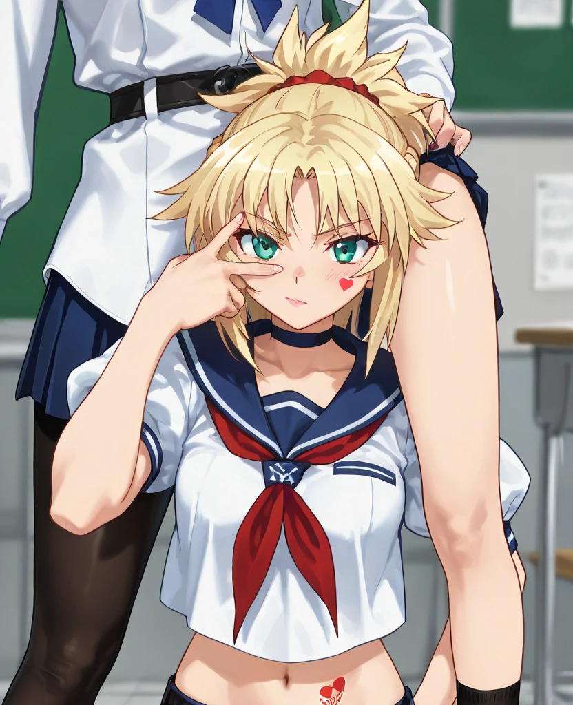 Himikotoganova, (One Girl, alone), blonde, Double good, Messy Hair, bangs, (Perfect Eyes, Yellow Eyes), serafuku, Blue Skirt, Long sleeve, Red neckerchief, On all fours、Dorsal position、Torn clothes、Crying face、Put your face on the ground、Press your face to the bed、Nipples