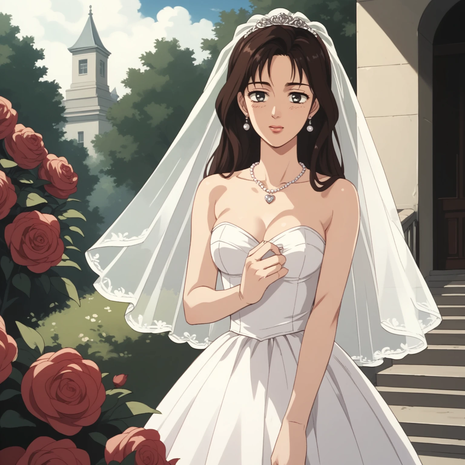 masterpiece,high quality,alone,
Kyoko Aoi,1 lady,
long hair,brown hair,brown eyes,lipstick,
skirt,2girls,bride,embrace,Shut up,Smile,Gurwitz,(bride頭紗:1.5),(short sheer veil:1.5),Blushing face,Head flower,headgear,(tube top wedding dress:1.5),(Silk dress:1.2),(Strapless wedding dress:1.5),Bouquet,pure white dress,necklace,earrings,(large breasts:1.3),Deep V peach heart collar wedding dress,Bangs,lipstick,(lace gloves:1.3),Bust photo,High detail RAW color art,Tyndall phenomenon