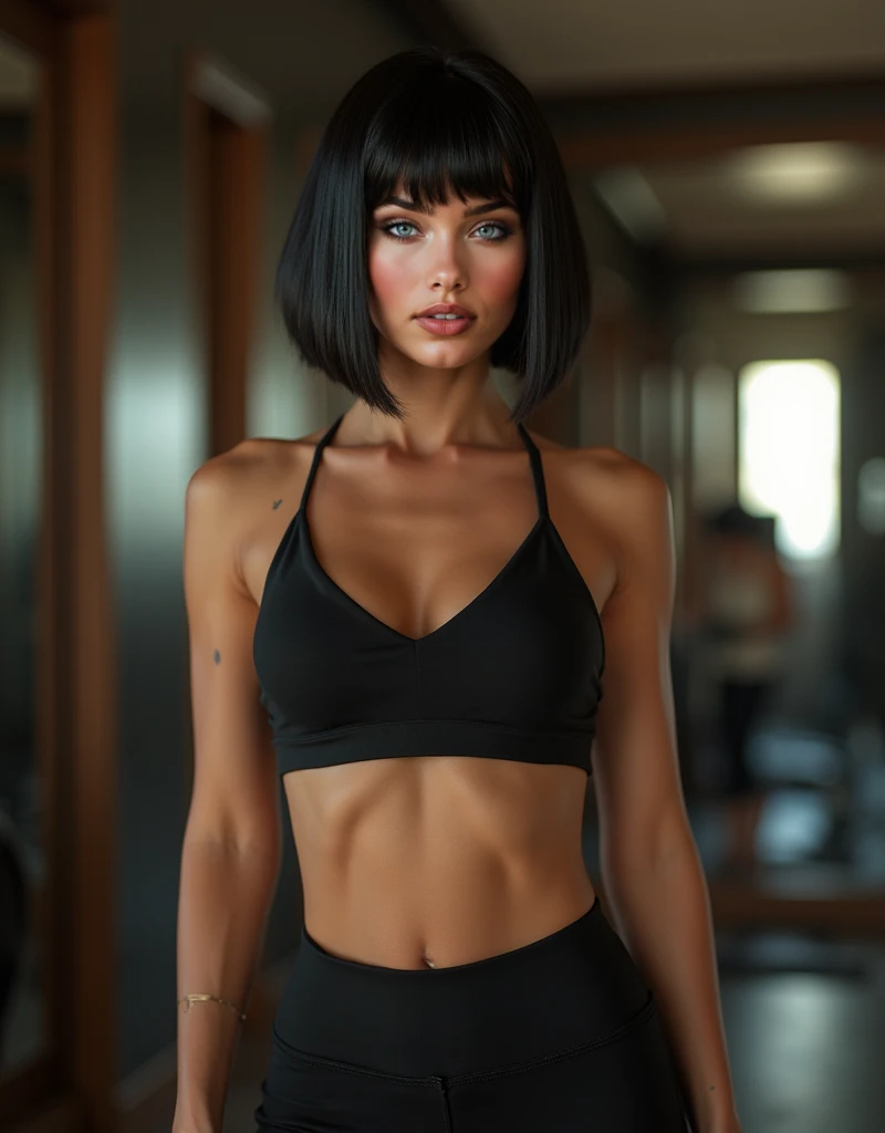 there is a woman standing with her hands on her hips, wearing a camisole, she is wearing a black tank top, tight black tanktop, wearing black camisole outfit, photo of slim girl model, wearing a black cropped tank top, wearing a vest top, wearing a cropped black tank top, wearing : tanktop, wearing a tanktop