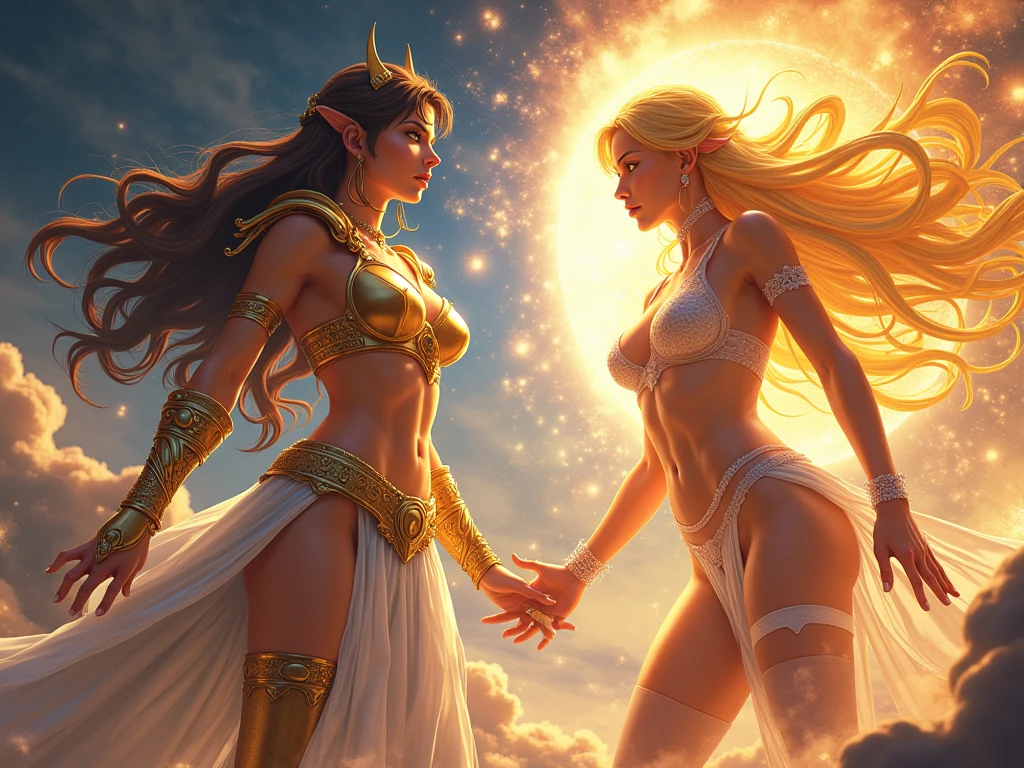 (2girls, the kiss), she-ra (( comic rondo bomb, athletic bodies, musculature, White bodysuit, Gold Details, Sword, About Etheria, nigh sky, planet, A desert, mountainscape, high quality picture, ​master piece, Sun