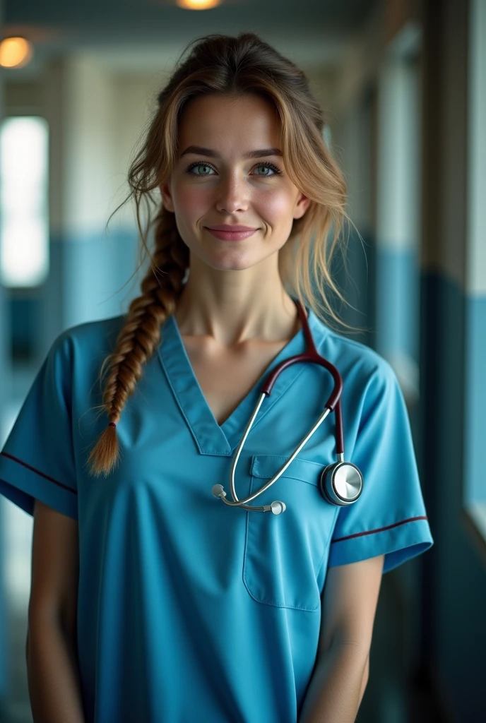 masterpiece, high quality, highres, photorealistic, raw, extremely detail, extremely detail face, head and shoulders shot, wo_dakpink01, solo, seductive face, dutch twin braid, (nurse outfit:1.2), big boobs, hospital hallway background<lora:woDakotaPink01:0.85>