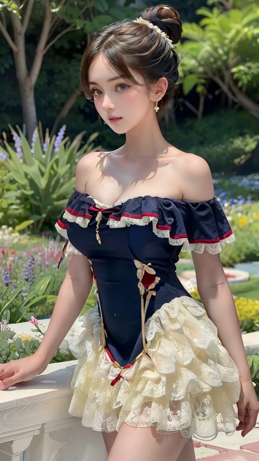 (masterpiece, best quality, high resolution, 8k:1.2), highly detailed, sharp detailed, textured skin, soft lighting, ultra high definition, beautiful body, beautiful skin, beautiful breasts, beautiful legs, beautiful hands, perfect hands, beautiful face, beautiful eyes, symmetrical eyes, slim, slim body, 1 girl, solo, American, 20 years old, blonde, short hair, bun at the back of the head, (off shoulder dress , lace-trimmed dress , bare shoulders , frills) , (garden) , (cowboy shot:1 . 2) , looking at the viewer