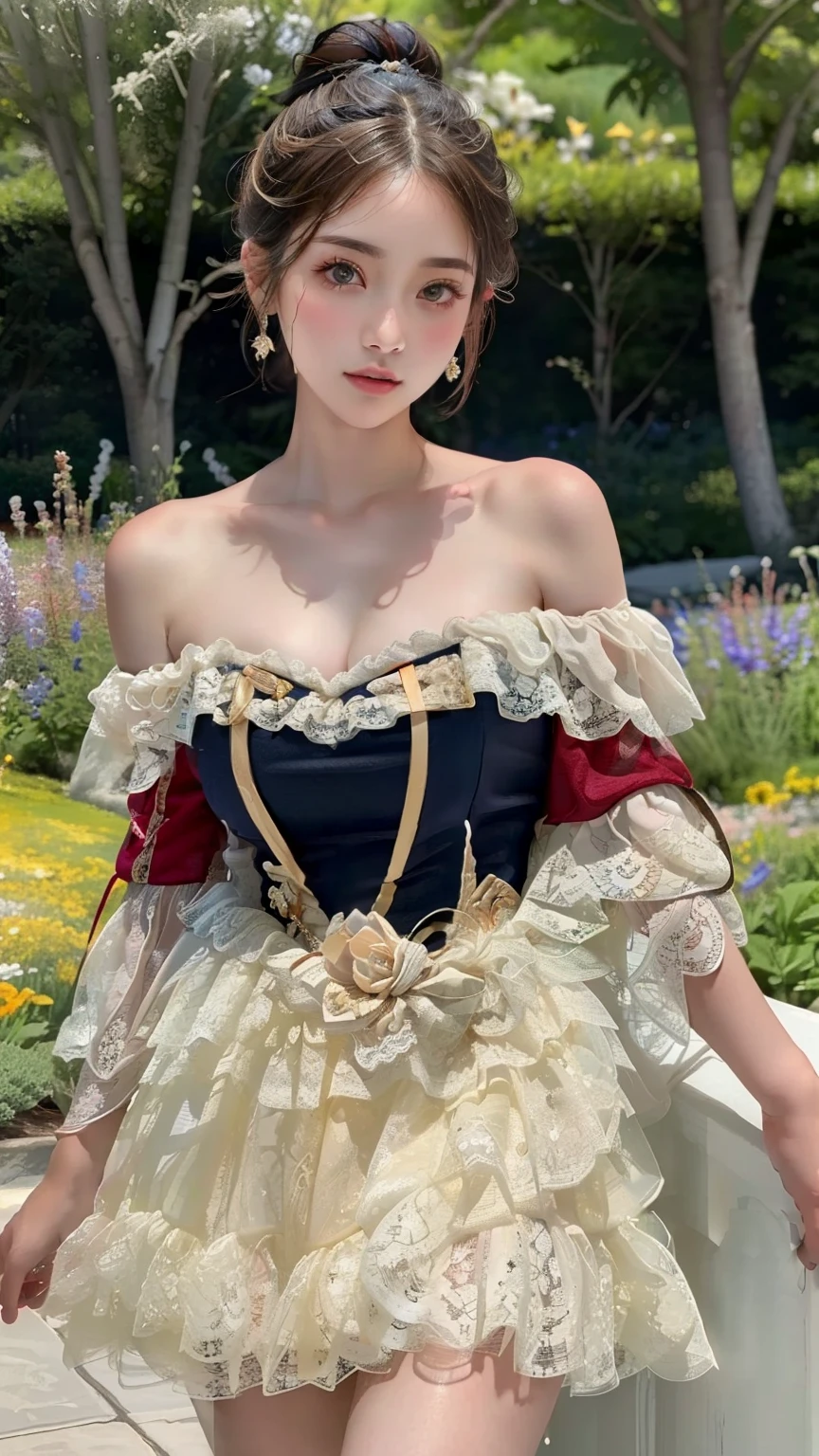 (masterpiece, best quality, high resolution, 8k:1.2), highly detailed, sharp detailed, textured skin, soft lighting, ultra high definition, beautiful body, beautiful skin, beautiful breasts, beautiful legs, beautiful hands, perfect hands, beautiful face, beautiful eyes, symmetrical eyes, slim, slim body, 1 girl, solo, American, 30 years old, (mature face:1.2), blonde, short hair, bun at the back of the head, (off shoulder dress , lace-trimmed dress , bare shoulders , frills) , (garden) , (cowboy shot:1.2) , (looking at the viewer),