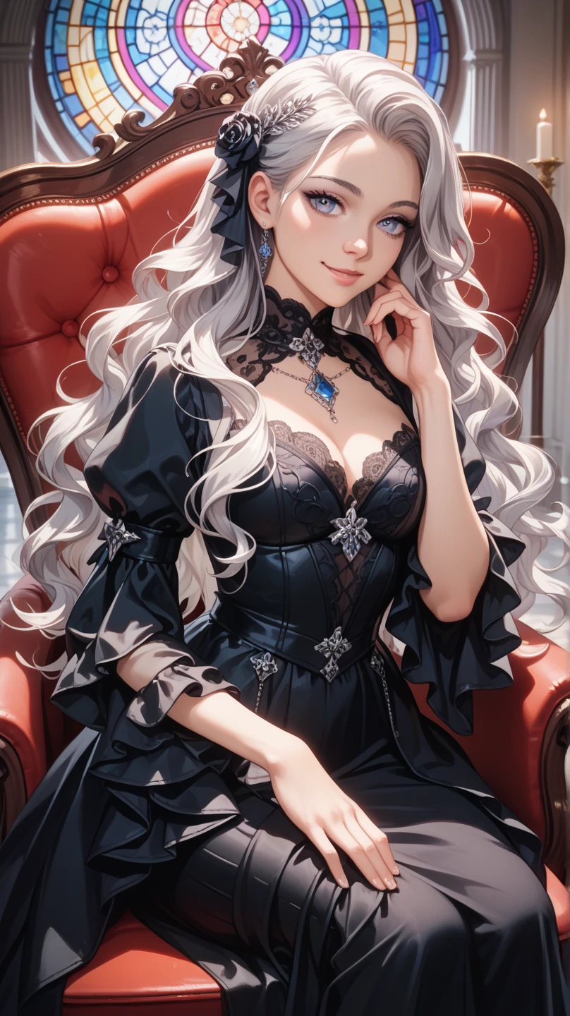 Anna wears a mini dress made of black lace with 5 silver wires attached around the dress. She wears a leopard print fur coat with a fur lined collar and cuffs over the dress . She is also wearing black lace stockings with black lace welts with connected garters, and black high slingback pumps with embossed roses and six silver chains. This outfit is accessorized with a three strand silver necklace with a few silver stones and tassels with one sapphire on the third strand positioned in the middle. SPARKLE; GLITTER