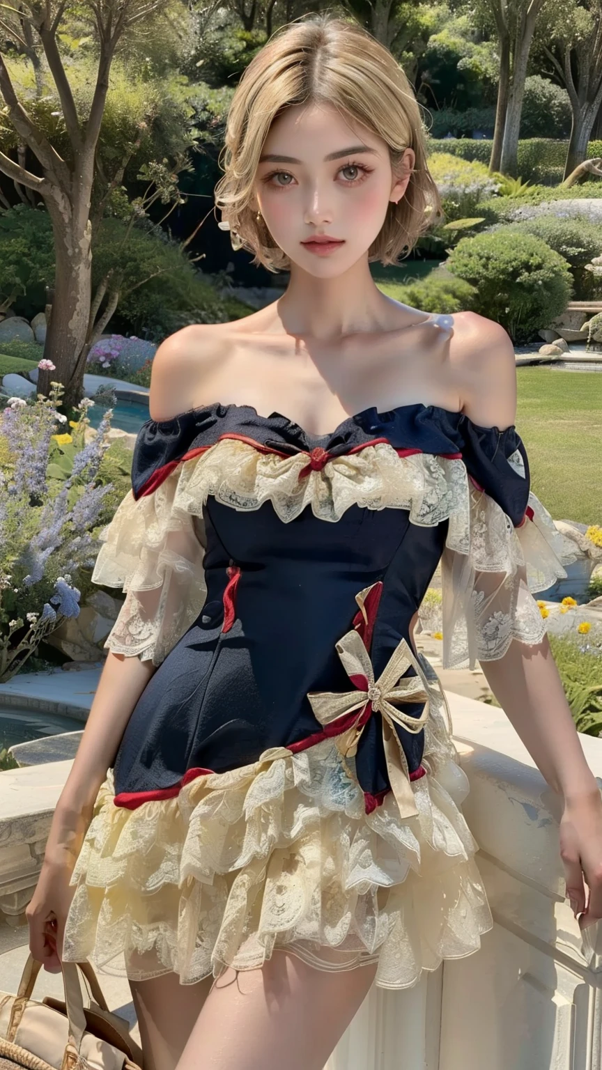 (masterpiece, best quality, high resolution, 8k:1.2), highly detailed, sharp detailed, textured skin, soft lighting, ultra high definition, beautiful body, beautiful skin, beautiful breasts, beautiful legs, beautiful hands, perfect hands, beautiful face, beautiful eyes, symmetrical eyes, slim, slim body, 1 girl, solo, American, 30 years old, (mature face:1.2), (blonde:1.2), short hair,(off shoulder dress , lace-trimmed dress , bare shoulders , frills) , (garden) , (cowboy shot:1.2) , (looking at the viewer),