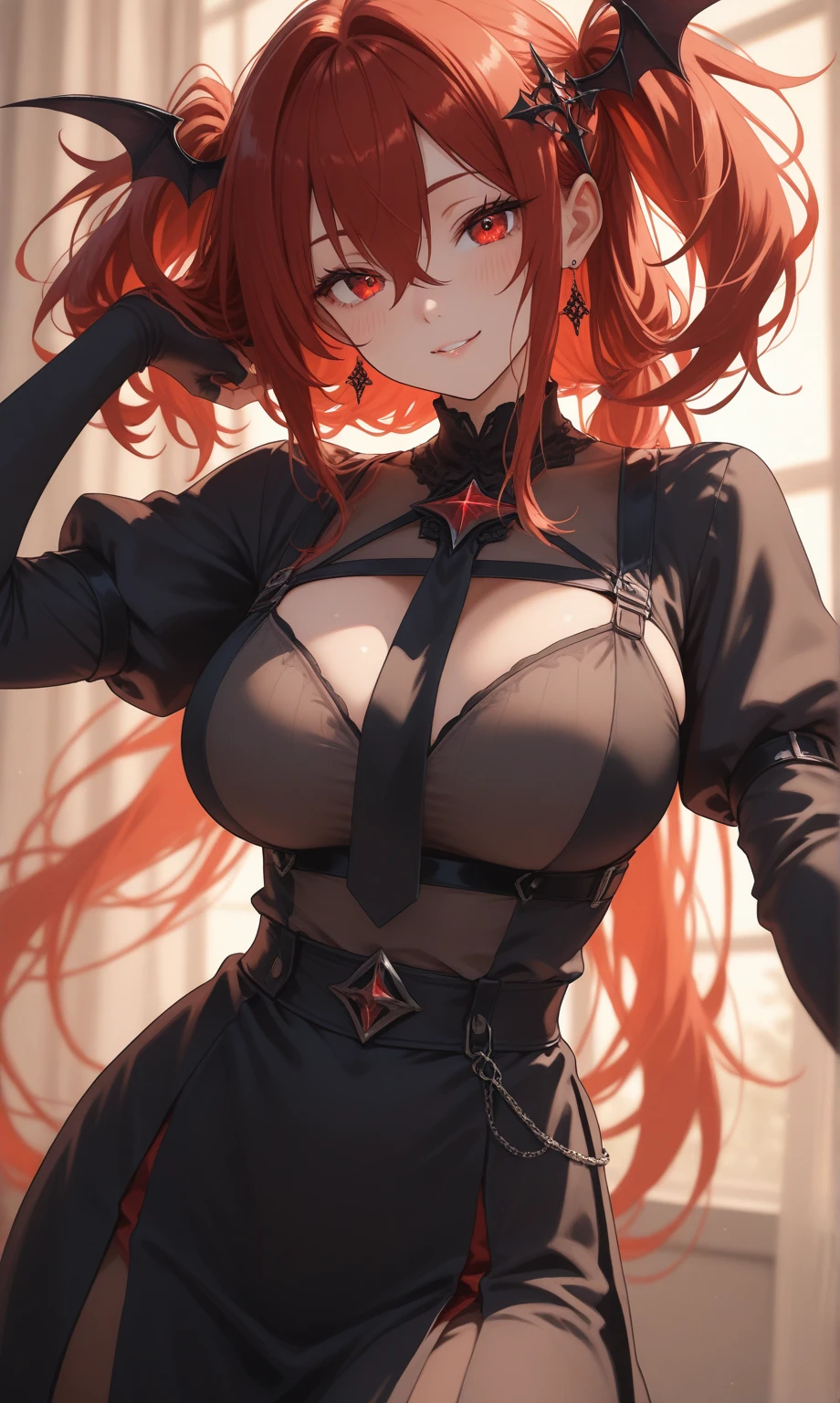 masutepiece, Best Quality, absurderes, Perfect Anatomy, 1girl in, Solo, Yoko Katori, Long hair、 ((Bedroom))、((A smile))、(on the beds)、((thigh-high socks))、((Black panties))、((Upper body naked))、((gargantilha))、Long gloves、((corsets))