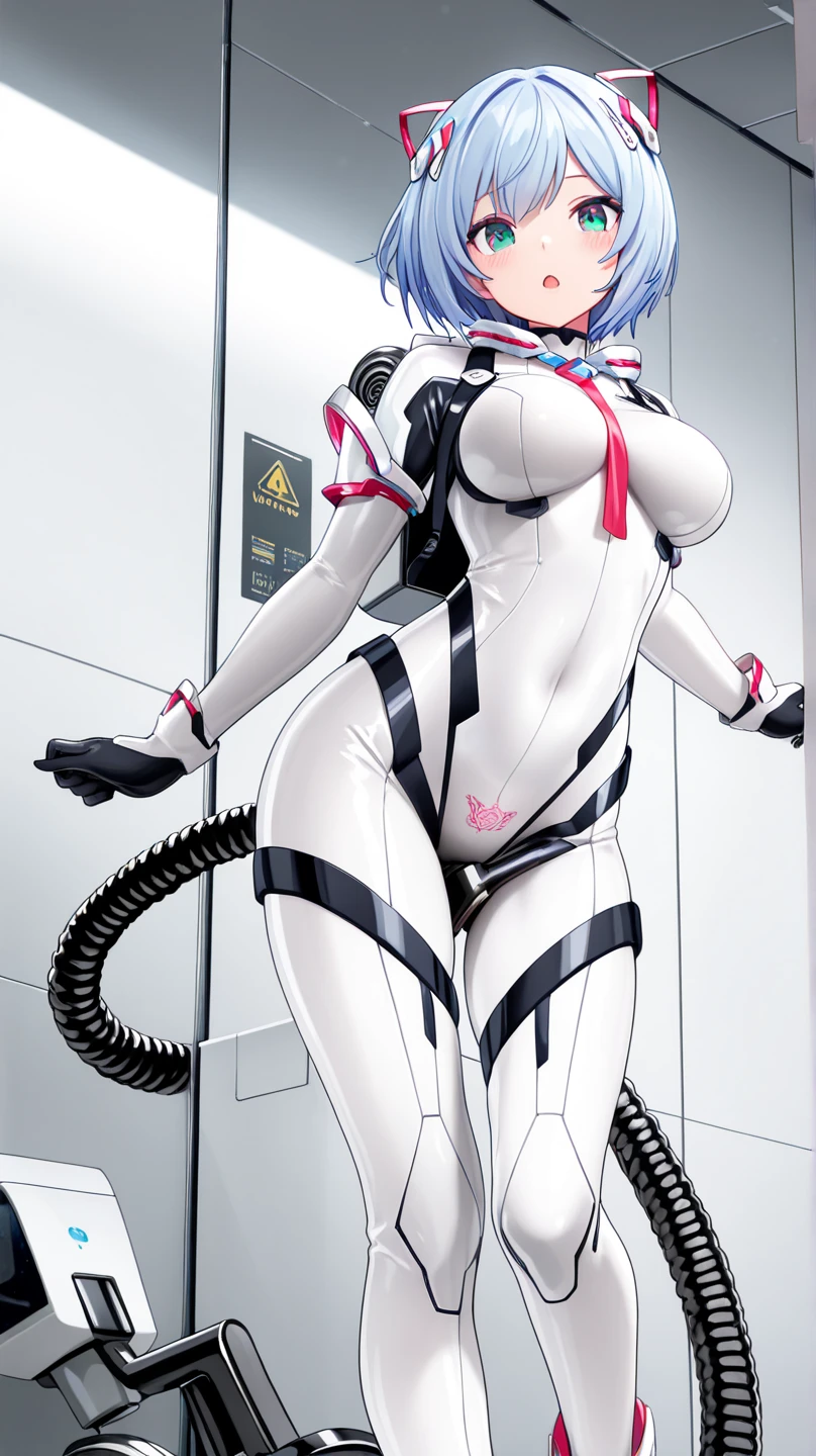 Highest quality, High resolution,Walking posture,(From knees to head),((Images featuring only one woman)),(Sweating),( Blushing), nsfw ,unity 8k wallpaper, (figure:0.8), (Beautiful attention to detail:1.6), Highly detailed face, Perfect lighting, Highly detailed CG, (Perfect hands, Perfect Anatomy),(5Finger),(Glare),Taimanin, Hachizu Purple, (Red eyes),Slanted Eyes, Blue Hair, White skin, Muscular woman, Long hair down to the waist,break shirt, break ((白色のTaimaninスーツ)), (黒色のTaimaninブーツ) , (Taimaninのガントレット),break indoors, break (masterpiece:1.2),((There is nothing)),Two hands,reaching,The pants are white,(Big Ass)
